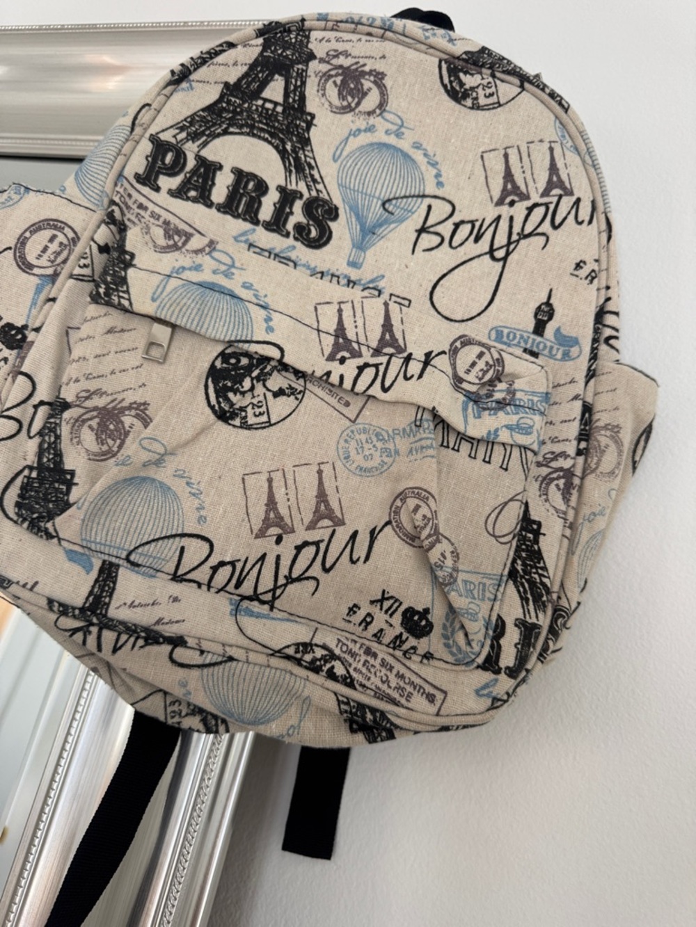 Paris Print Beige Canvas Backpack – Stylish Women’s Daypack